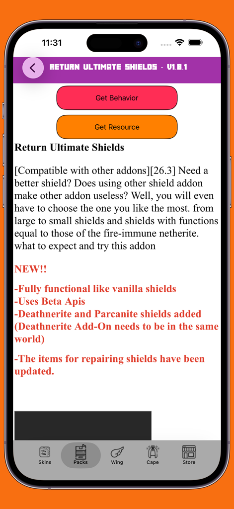 Skinseed - Skins for Minecraft - Tela do aplicativo Skinseed exibindo um addon de escudos supremos para Minecraft com botões de exportação