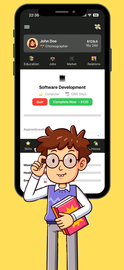 Real Life Simulator - A mobile game screenshot of Real Life Simulator showing a character pursuing a software development course.
