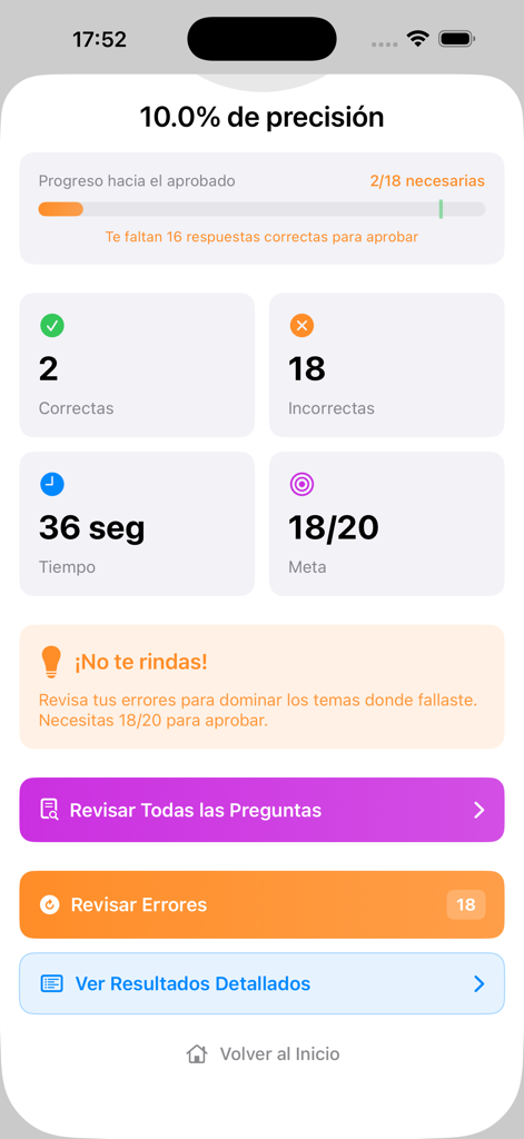 DGT A2 Test Master - Mobile app results screen showing test accuracy, correct and incorrect answers, and options to review mistakes for the Spanish A2 license.