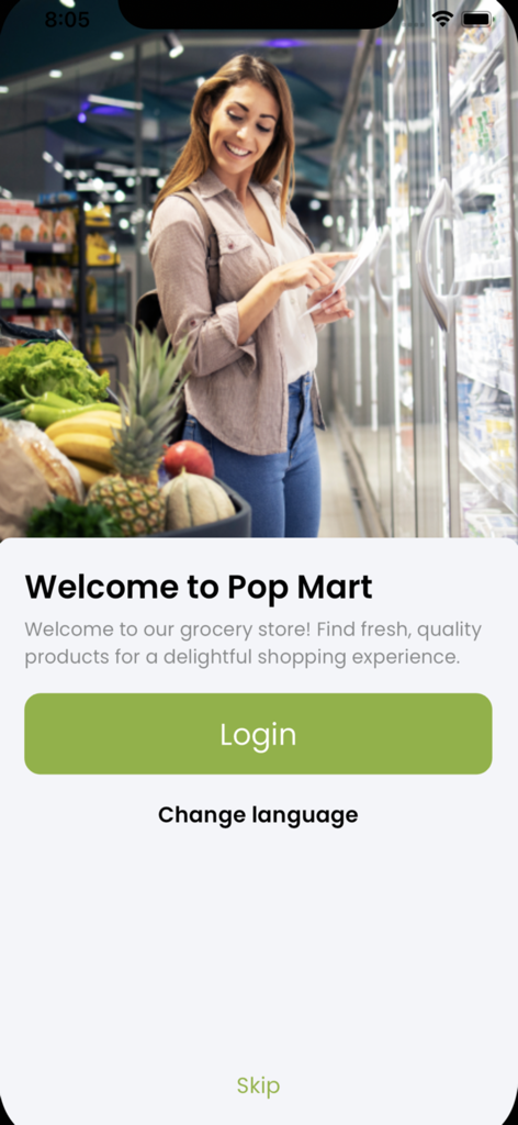 Pop Mart: Grocery - Pop Mart Grocery app welcome screen showing a woman shopping for fresh food