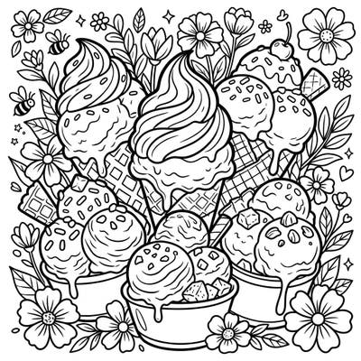 Celebrate the joy of spring with this delightful coloring page featuring an abundance of ice cream and gelato treats. Surrounded by blooming flowers and buzzing bees, it offers a refreshing and fun artistic escape for all ages.