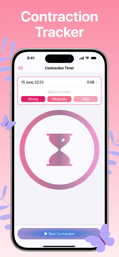 Screenshot of the Contraction Timer and Tracker app interface showing the start button and intensity selection options.