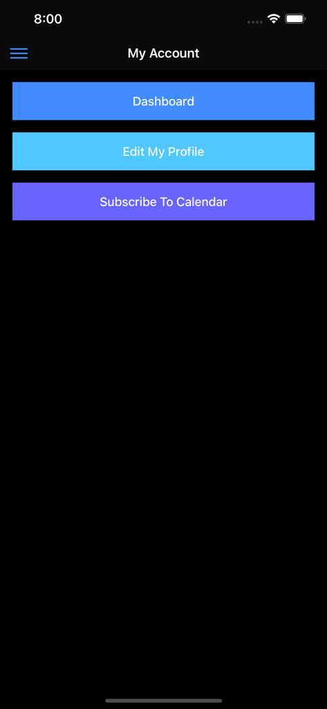SkyPrep - SkyPrep mobile app My Account screen with navigation buttons for dashboard profile and calendar