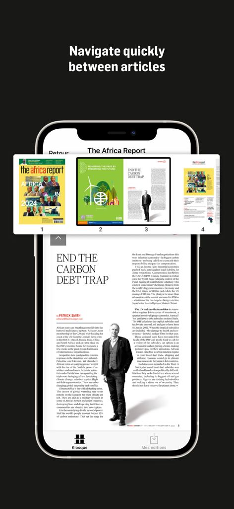 Mobiler Bildschirm mit einem Artikel des Magazins The Africa Report mit einem Schnellnavigationsmenü zum Blättern zwischen den Seiten