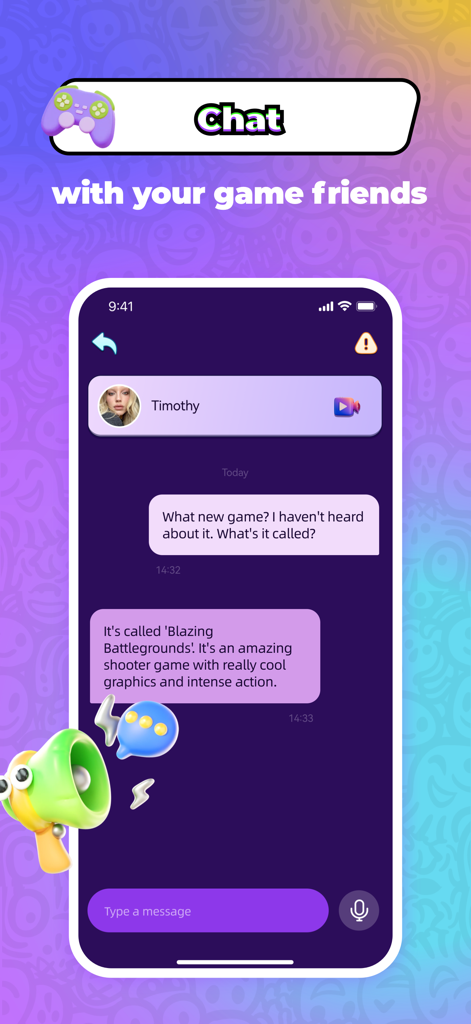 Froliv - Video Call，Have Fun - In-app chat screen of Froliv showing a conversation between game friends about a new shooter game