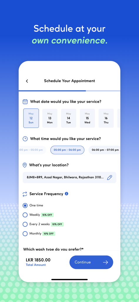 Good Guys - Good Guys app screen for scheduling a service appointment with date, time, and frequency options