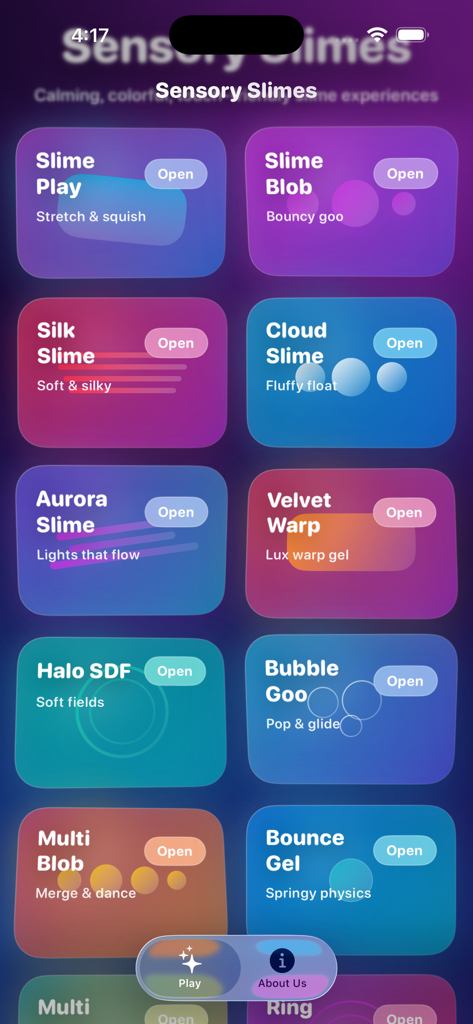 Sensory Slimes - Un écran de menu de l'application Sensory Slimes montrant diverses activités tactiles numériques comme Cloud Slime et Aurora Slime.