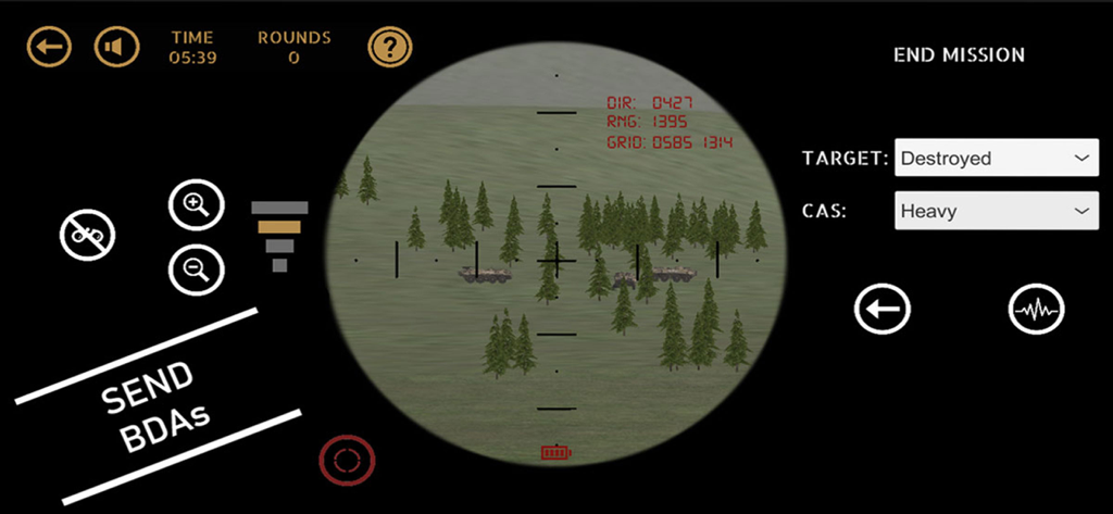 Battle Damage Assessment screen in the Call For Fire military training simulation showing a scope view of target vehicles