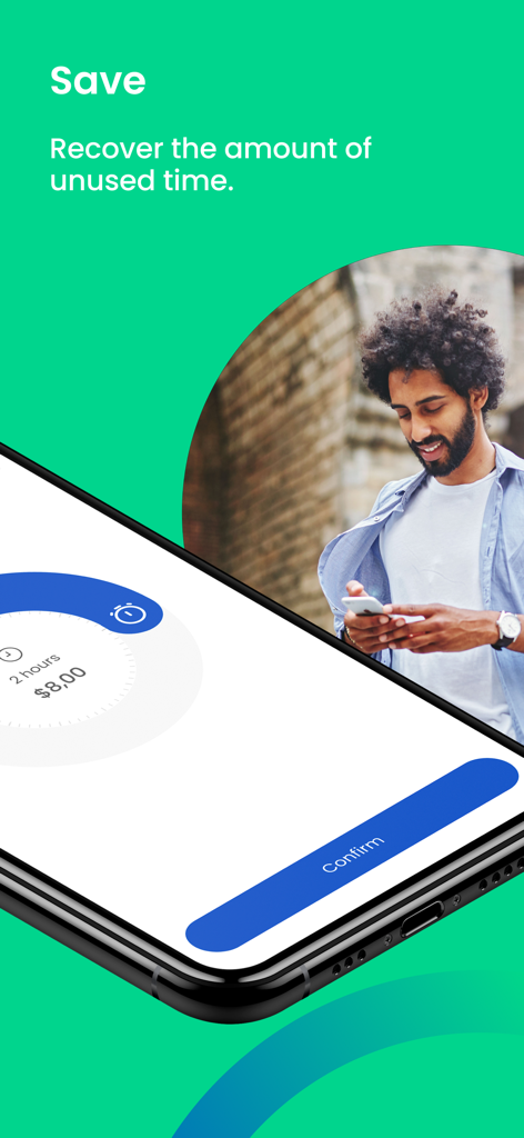 Blinkay: smart parking app - Interface do aplicativo Blinkay mostrando um recurso para recuperar o custo do tempo de estacionamento não utilizado com um homem usando seu smartphone ao ar livre.