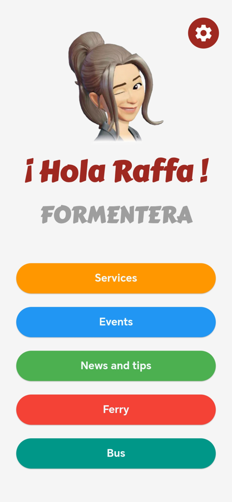 Hola Raffa Formentera - Main menu of the Hola Raffa Formentera app featuring options for services, events, news, ferry, and bus information