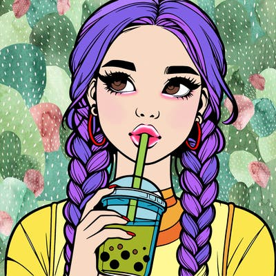 realistic girl with braided hair drinking boba
