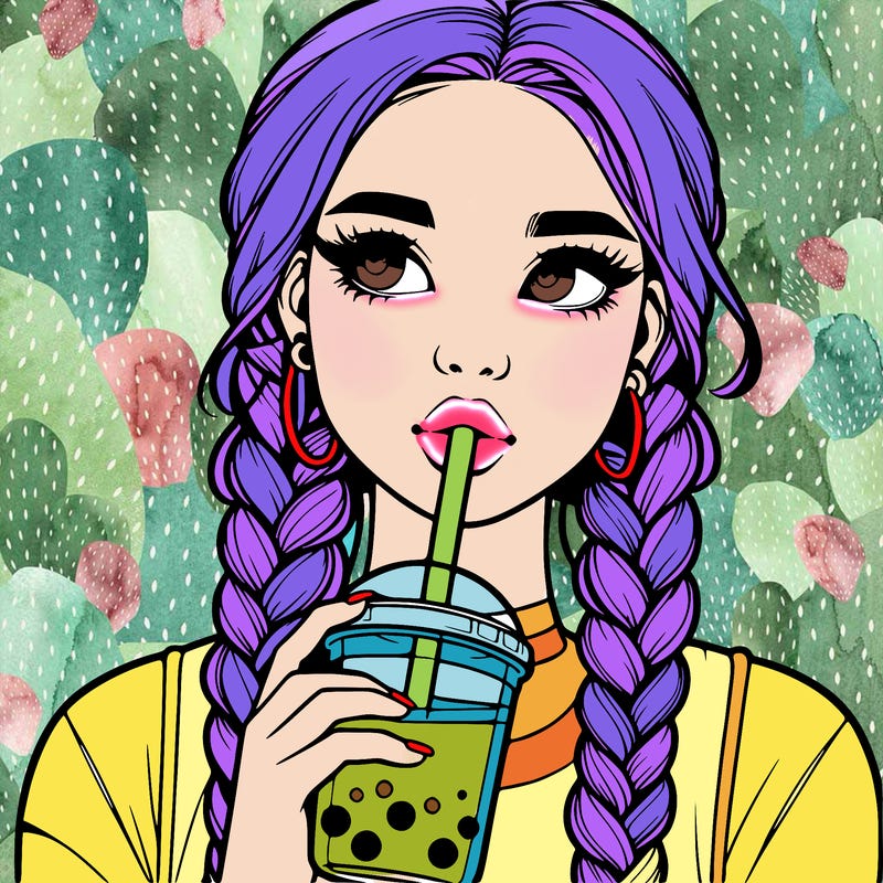 realistic girl with braided hair drinking boba