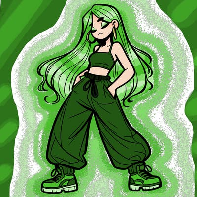 girl in baggy pants crop top and long hair