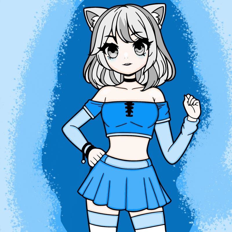 girl with crop top and a short skirt she also has medium hair with wolf bangs