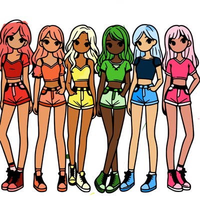 a group of girls wearing crop tops and shorts