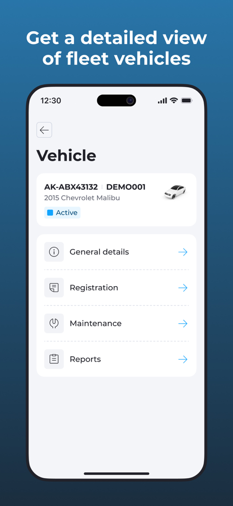Element ONE - Element ONE mobile app screen showing detailed vehicle information including maintenance and registration for a fleet car