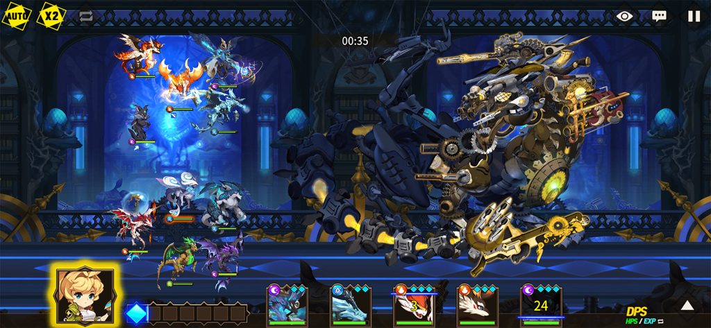 Une bataille RPG stratégique dans Dragon Village M où une équipe de dragons affronte un énorme boss mécanique