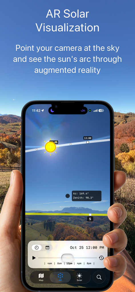 Smartphone mostrando la trayectoria del sol a través de realidad aumentada usando la app Sunio