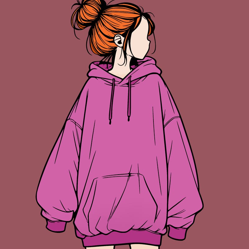 realistic girl with a oversized sweatshirt on and a bun
