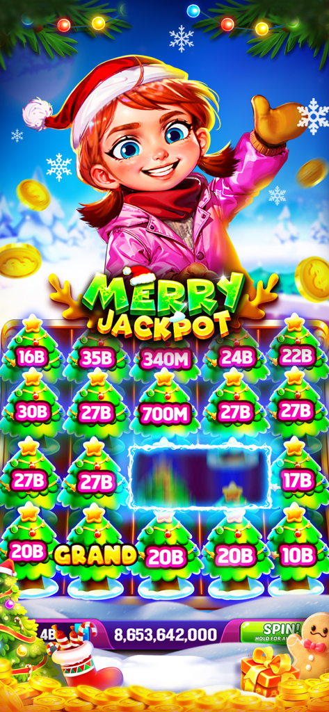 Jackpot Wins - Slots Casino - Máquina tragamonedas temática de Navidad "Merry Jackpot Christmas" con una chica vestida de invierno y decoraciones festivas.