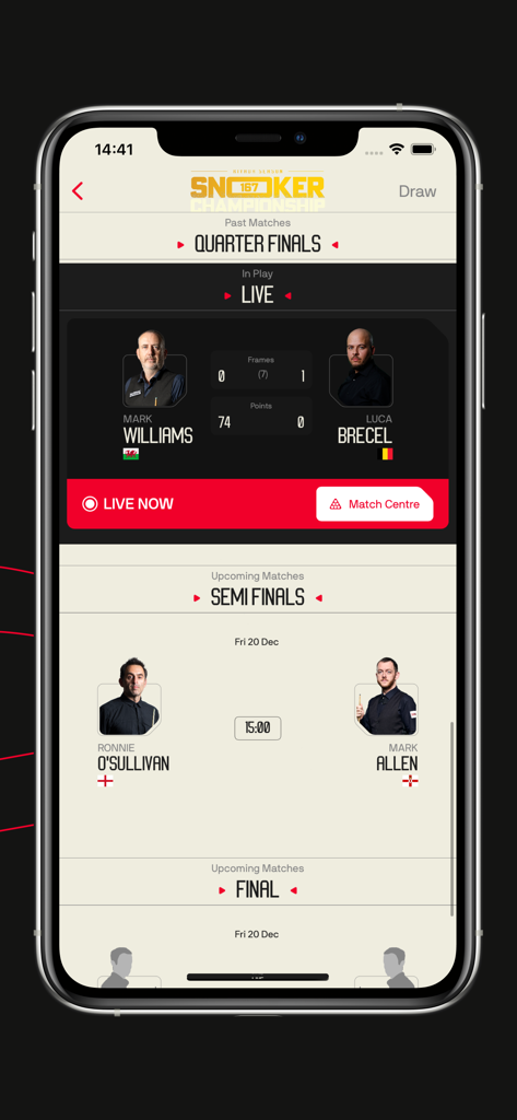 World Snooker Tour app interface showing live quarter final match scores and upcoming semi final fixtures