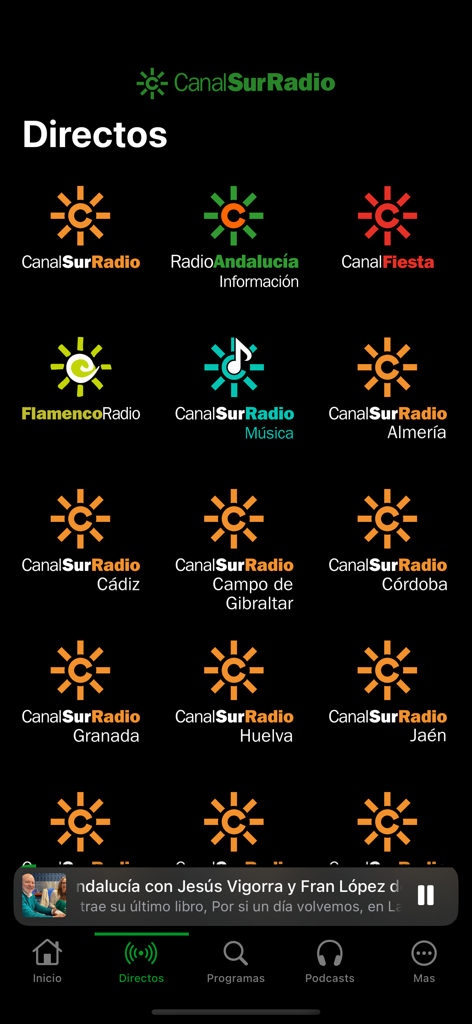 Screenshot of the Canal Sur Radio app showing a list of live radio stations from Andalusia