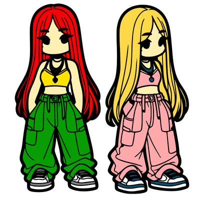 girl in baggy pants crop top and long hair