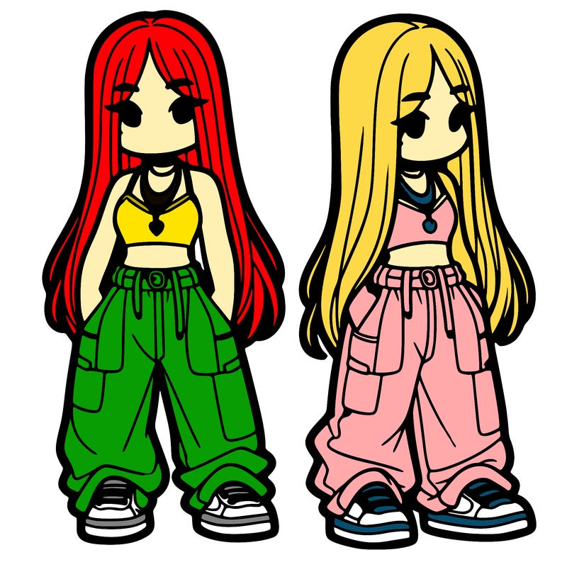 girl in baggy pants crop top and long hair