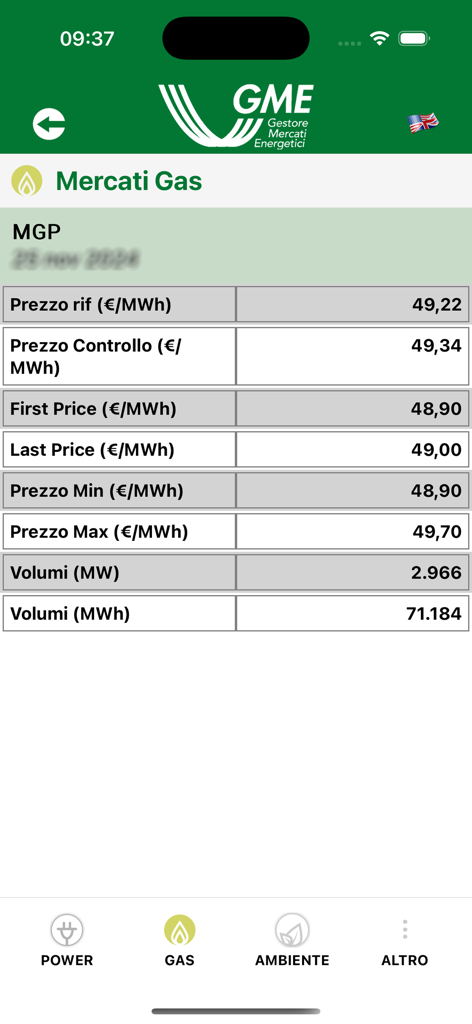 Screenshot dell'App GME che visualizza i prezzi giornalieri del mercato del gas e i volumi di scambio