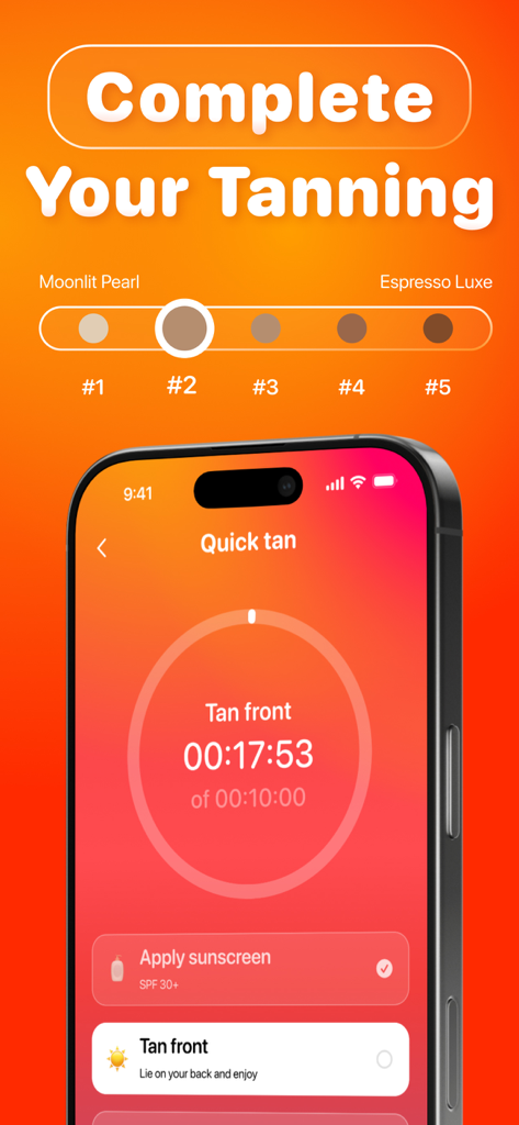 Beam Tanning - Get Tan Fast - Beam Tanning app interface showing a tanning timer and skin shade selection scale