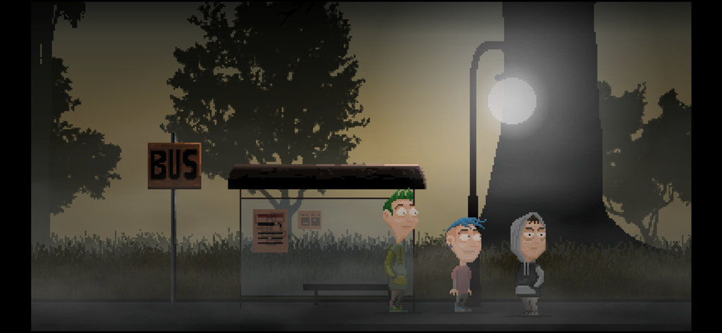 Moth Lake - Três adolescentes em pé em um ponto de ônibus escuro no jogo em pixel art Moth Lake