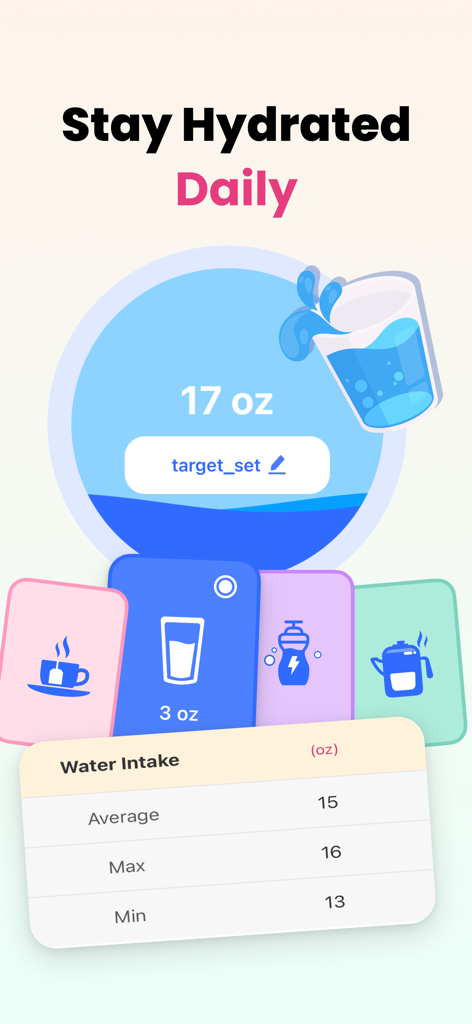 Daily water intake tracking interface showing hydration goals and beverage options