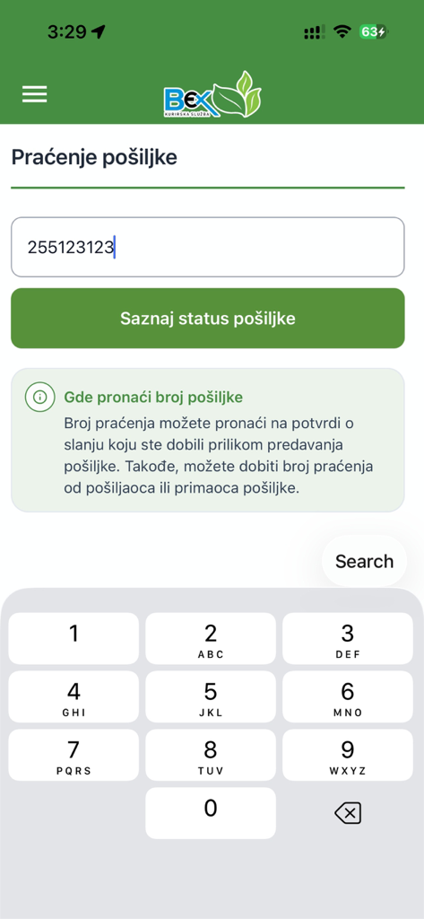 Bex Mobile - Bex Mobile app shipment tracking screen with a numeric input field and a green button to check parcel status