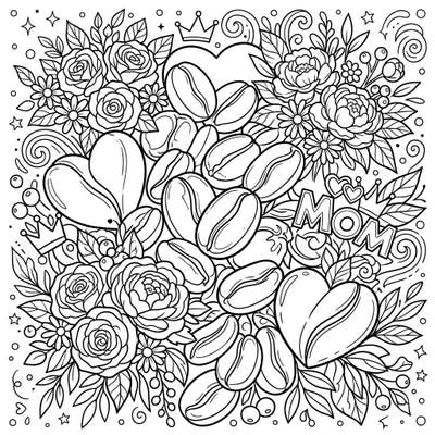 Celebrate Mother's Day with this beautifully intricate coloring page, combining the warmth of coffee beans with elegant floral designs and loving hearts. It's the perfect way to relax and create a personalized tribute to Mom.