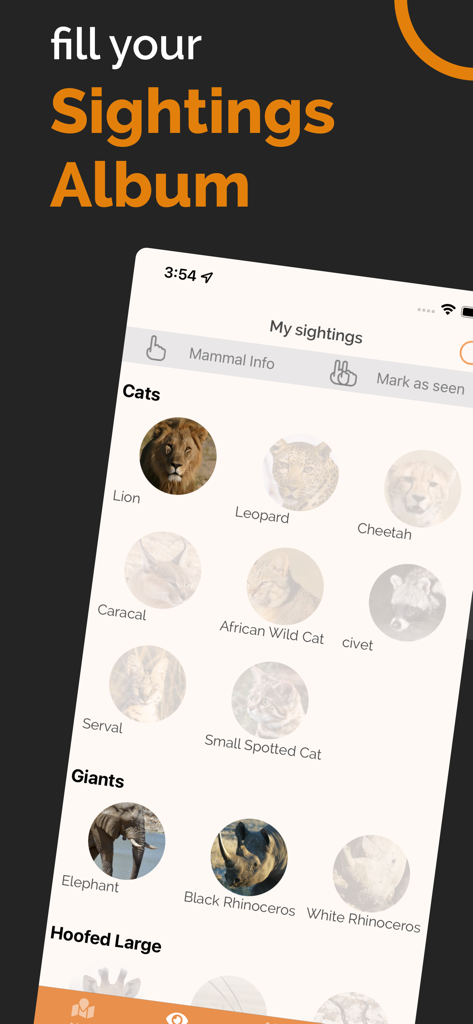 Etosha App - Namibia - ナミビアでの野生動物の目撃情報を追跡するための、エトーシャ アプリのデジタル目撃情報アルバム
