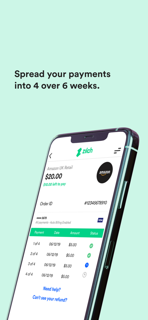 Zilch app screen showing a payment schedule split into four installments over six weeks