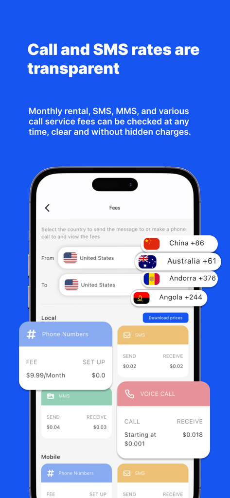 IntBell: Phone Calls + Texts - Screenshot dell'app IntBell che mostra prezzi trasparenti per chiamate e SMS internazionali in diversi paesi