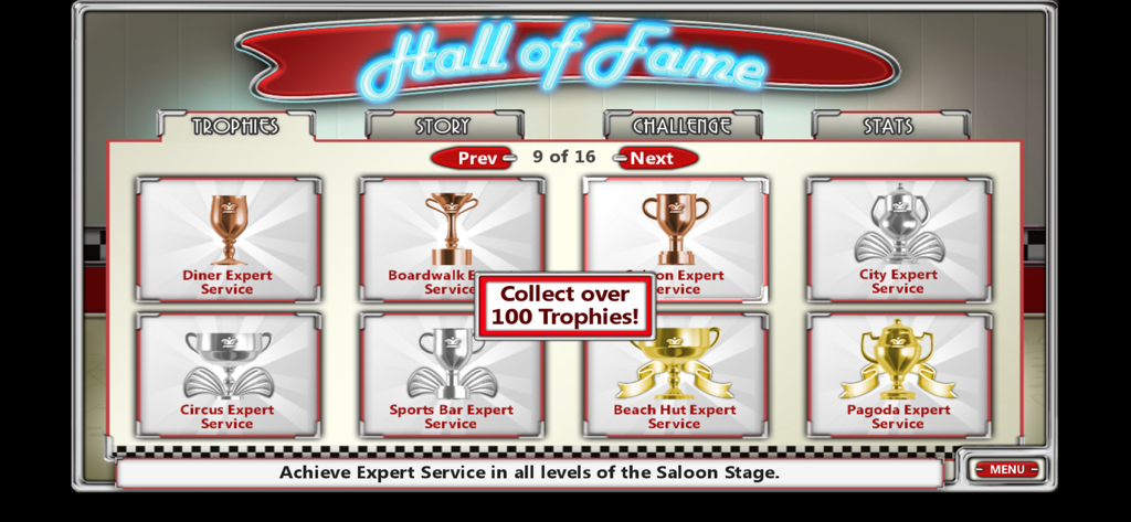 The Hall of Fame screen in Burger Shop 2 displaying various earned trophies for expert service.