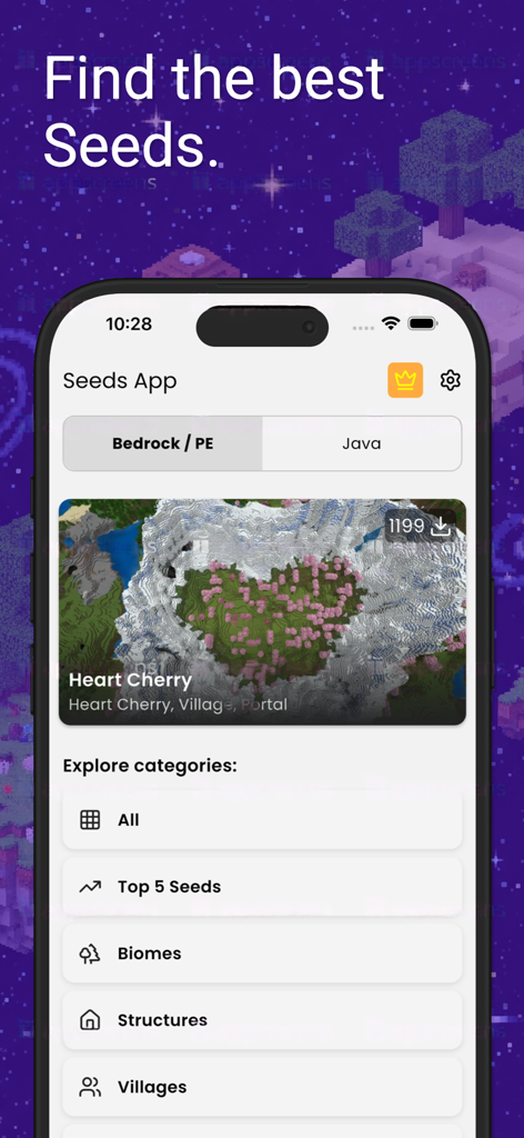 Interface of a Minecraft seeds app on iPhone displaying a heart shaped cherry blossom seed and world categories