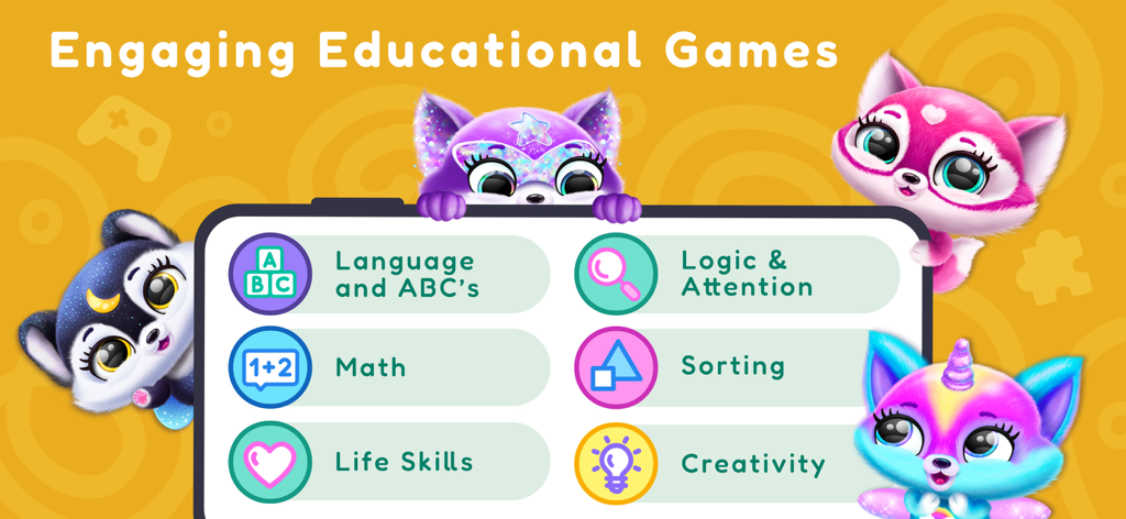 Fluvsies Academy: Learn & Play - Die Fluvsies Academy App zeigt Bildungsfächer wie Mathematik, Sprache und Lebenskompetenzen mit niedlichen Charakteren