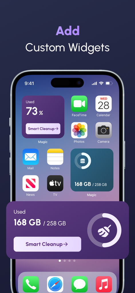Pantalla de inicio de iPhone que muestra widgets personalizados de gestión de almacenamiento y un botón de limpieza inteligente de la aplicación Magic Cleaner.
