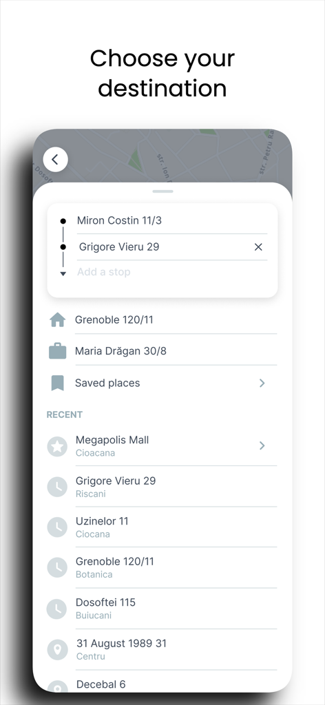 Letz | Request a ride - User interface for choosing a ride destination and viewing recent locations in the Letz app.