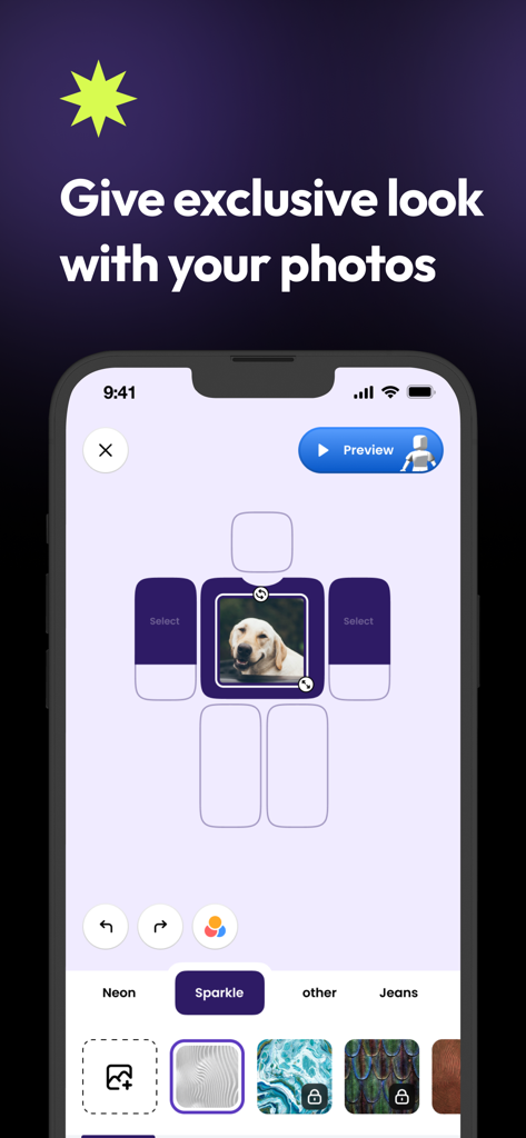 Skins Maker for RBLX - Tela do aplicativo Skins Maker para RBLX mostrando como desenhar uma roupa usando uma foto pessoal.