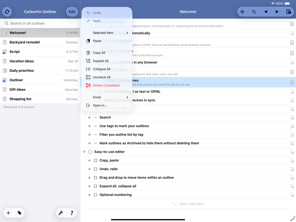Outliner for iPad - Oberfläche der Outliner für iPad-App, die hierarchische Aufgabenlisten und Organisationsfunktionen anzeigt.