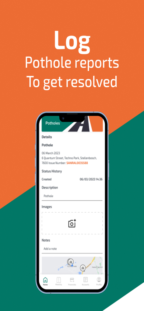 A mobile screen showing the SANRAL app pothole reporting feature with location details and a map