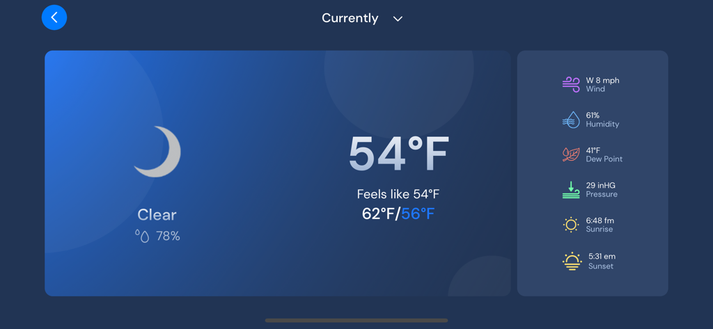 WeatherNation app dashboard showing current night weather conditions with temperature and detailed atmospheric data
