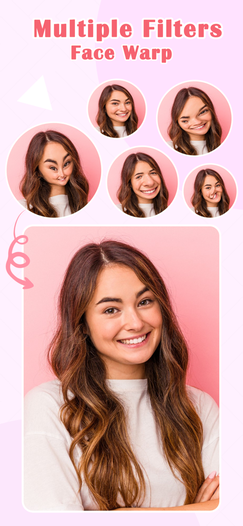 A woman's face shown with multiple funny face warp and distortion filters applied