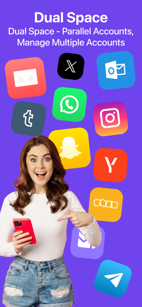 Dual Space - Multi Accounts - Una mujer sosteniendo un smartphone con iconos flotantes de redes sociales que ilustran la funcionalidad de la aplicación Dual Space.