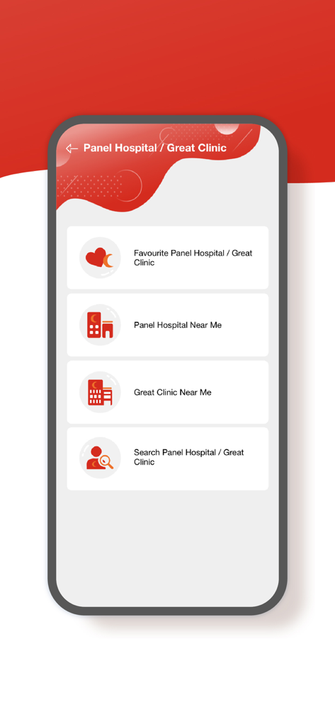 GETCare - A screenshot of the GETCare mobile app showing search options for panel hospitals and clinics.