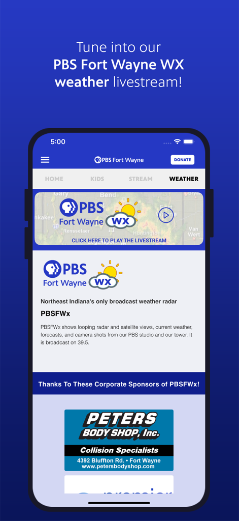 Weather tab of the PBS Fort Wayne app showing local weather and radar